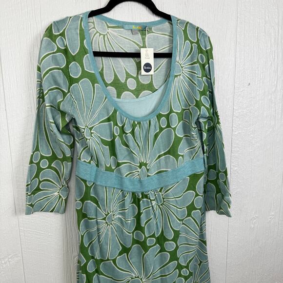 BODEN Knit 100% Cotton 3/4 Sleeve Sweater Dress Aqua Green Floral Size U.S. 12 - Picture 3 of 10